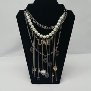 Statement Necklace Mixed Material Layered Fringe Love Y2K Style